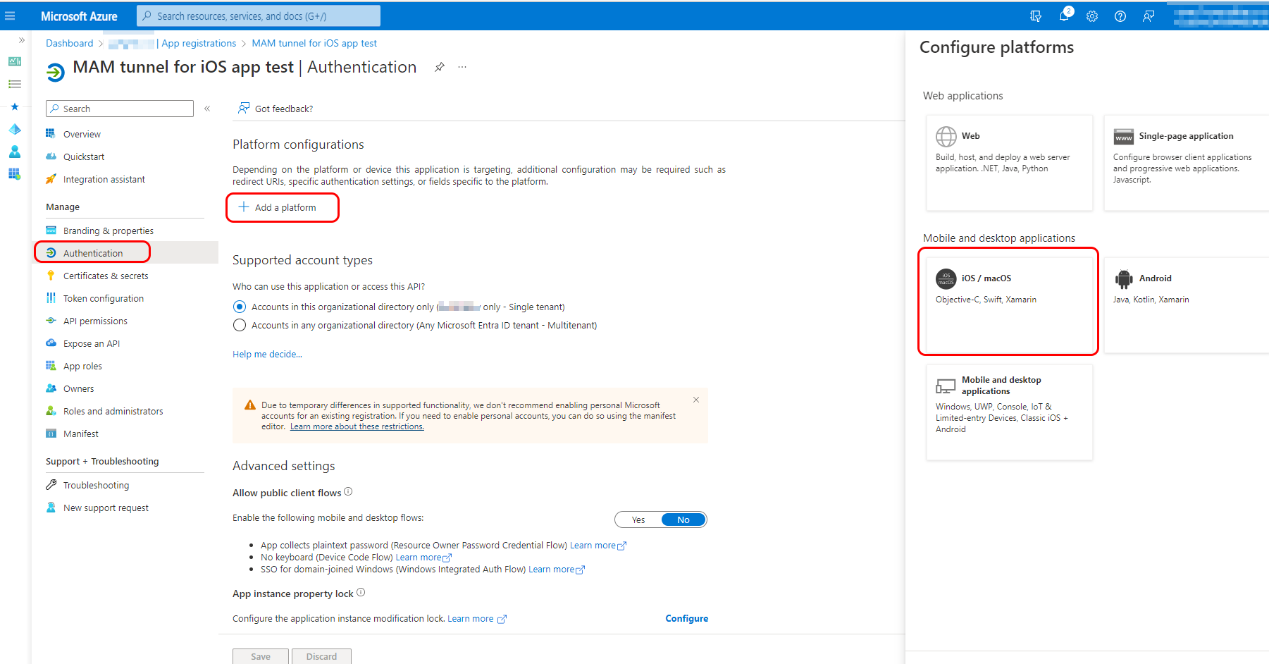 Configure authentication for the app registration.