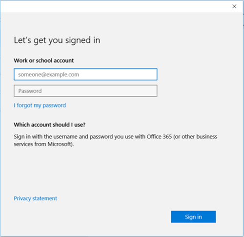 Screenshot of Office 365 sign-in screen for work or school account.