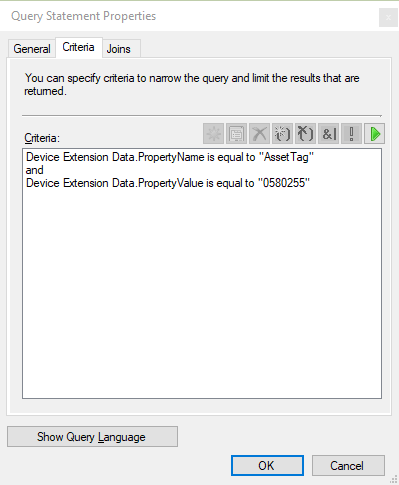 Query Statement Properties window with both Device Extension Data criteria