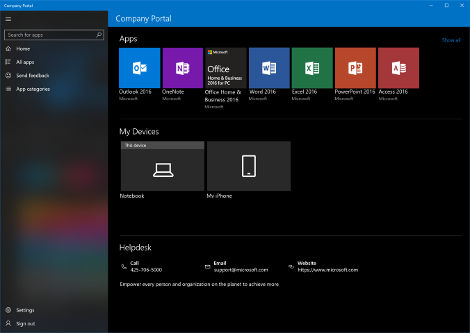 Screenshot of the Company Portal app dashboard showing the Fluent Design navigation view