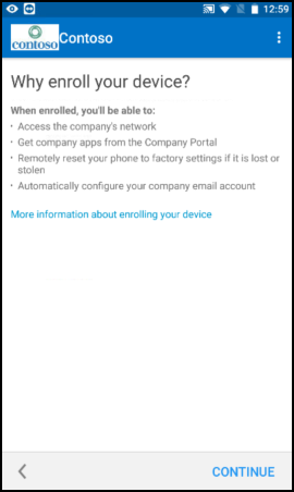 Screenshot shows Company Portal app for Android text before update, Why enroll your device screen.