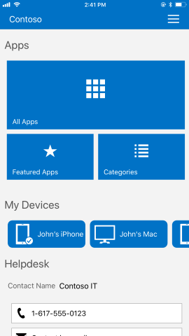 Screenshot shows Company Portal app for i O S / i Pad O S before update, Apps and My Devices.