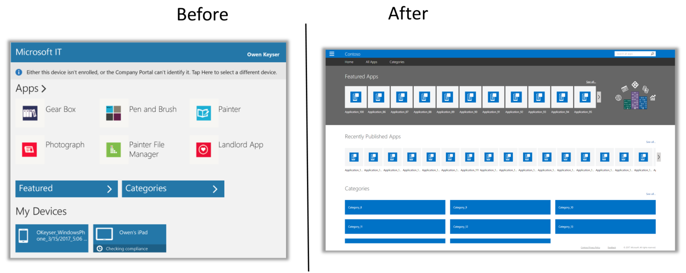 On the left, an image of the current version of the Company Portal website with its previous version of Apps, My Devices, and Featured and Categories views. On the right, an image of the updated version of the Company Portal website with a refreshed app carousel, list of Recently Published apps, and updated Categories view.