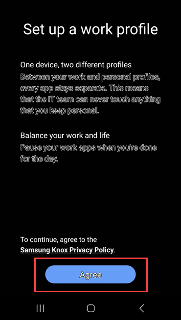 Screenshot of Company Portal showing link to Samsung Knox Privacy Policy and highlighting Agree button.