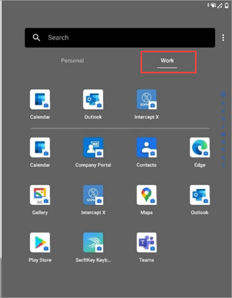 Screenshot of work tab in Surface Duo app drawer.