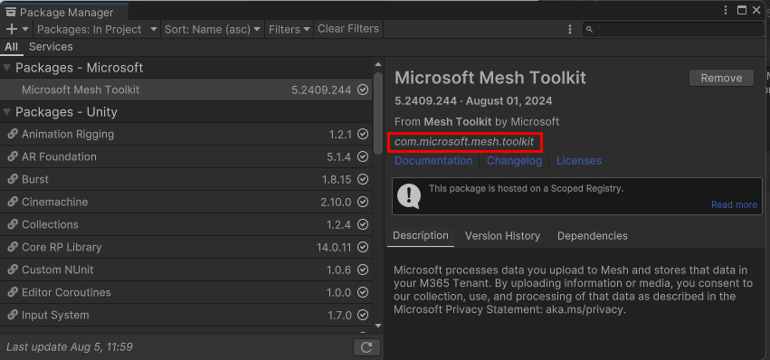 A screenshot of the Unity package manager showing details of the preview Mesh toolkit.