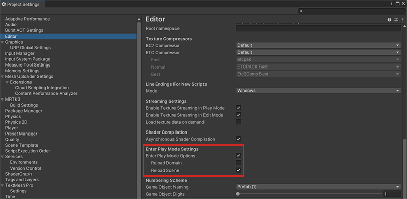 A screenshot of the Enter Play Mode Settings property on the Project Settings Editor page.