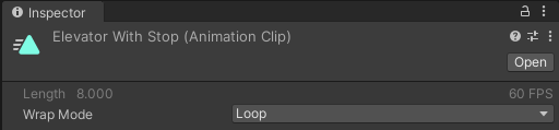 Screen shot of the Animation Clip asset settings in the Inspector.