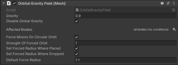 Screen shot of the Gravity Field script options in the Inspector.