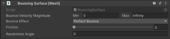 Screen shot of the Bouncing Surface script options in the Inspector.