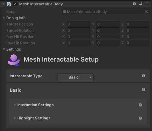 A screenshot of Unity showing the new component Mesh Interactable Body added to the Button component.