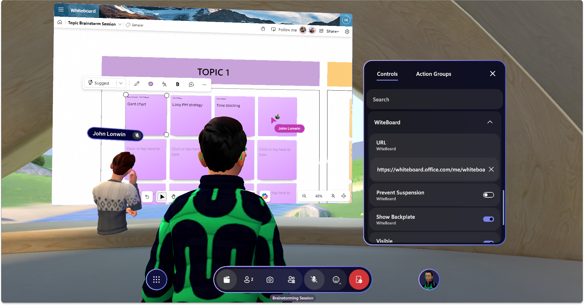 Screenshot of a Mesh event with a WebSlate showing Microsoft Whiteboard with two avatars interacting with it.