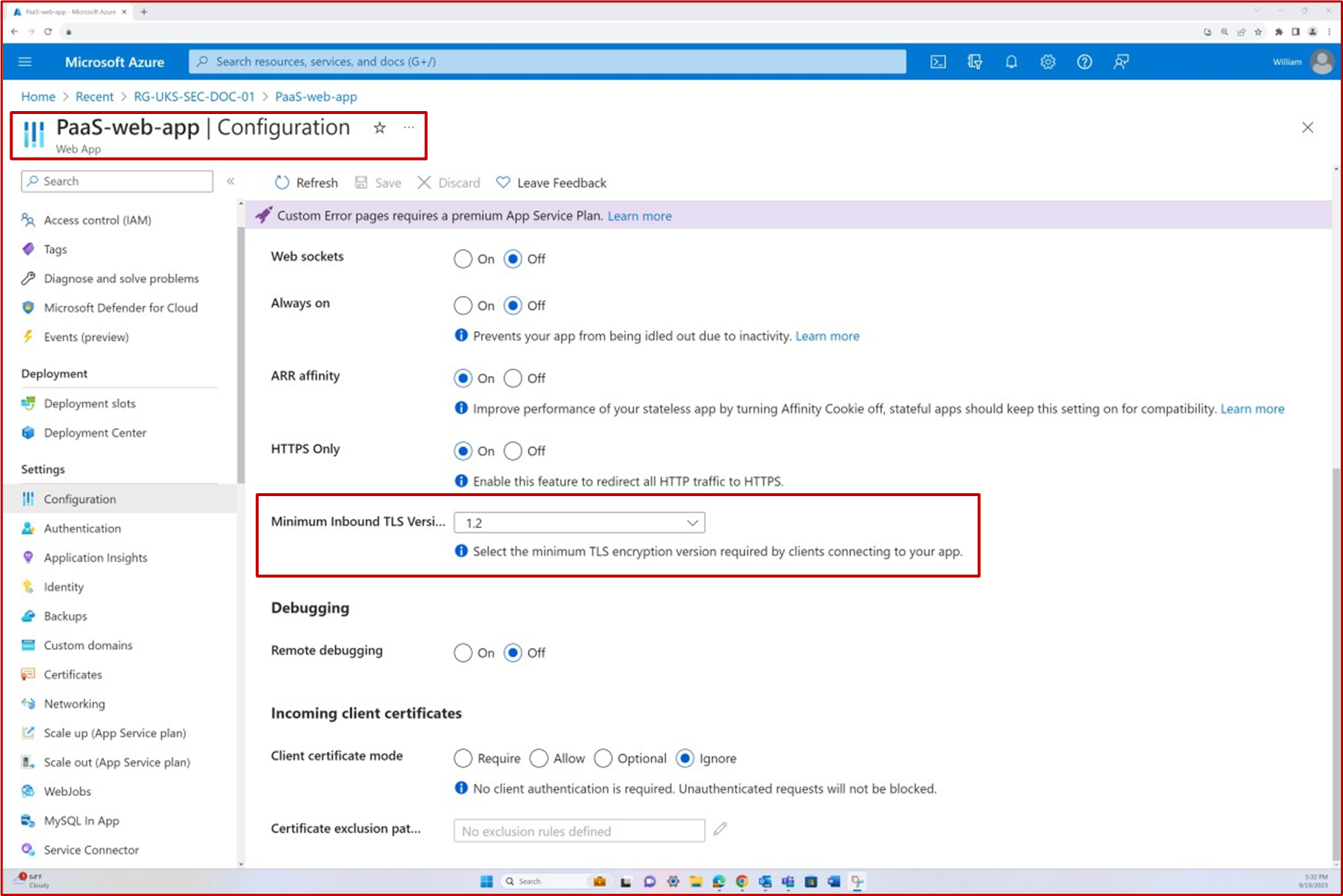 Azure web app configuration settings