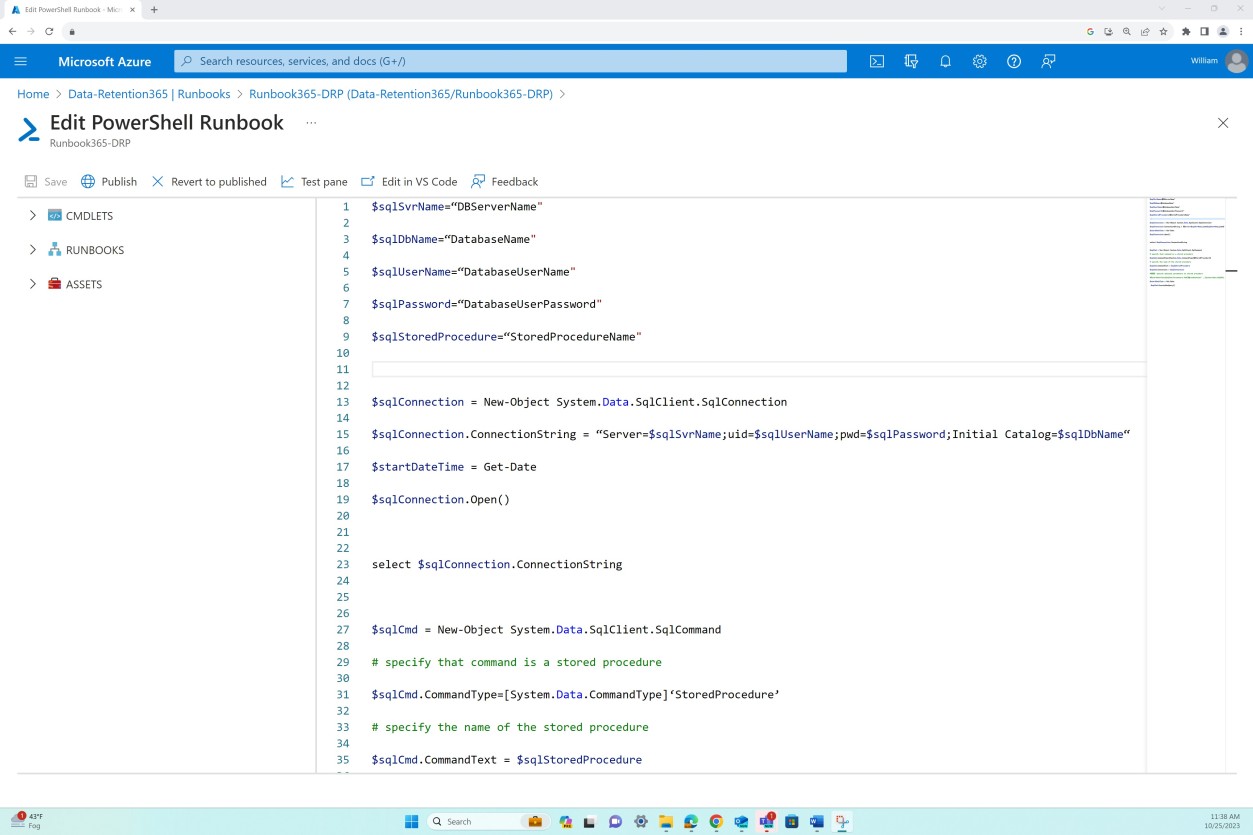 Azure Data retention settings.