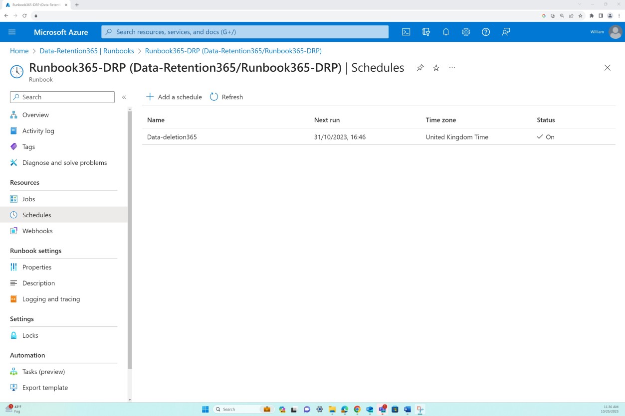 Azure Data retention settings.