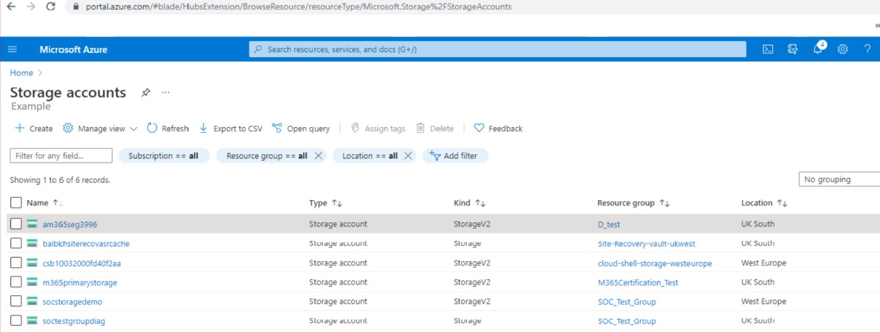 Microsoft Azure storage accounts page.