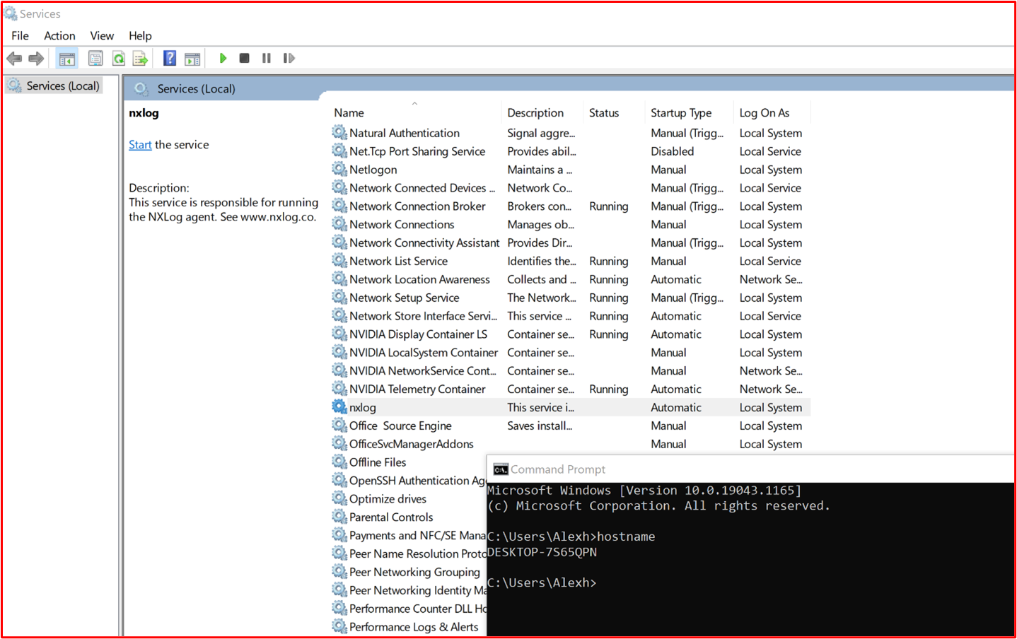 shows the 'nxlog' service running on the "DESKTOP-7S65PN" DMZ jumpbox which is used to manage all the DMZ servers.