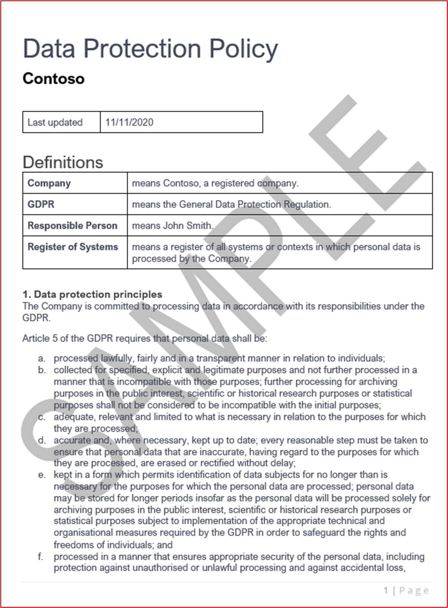 Screenshot of Data Protection Policy which can be used in conjunction with the privacy notice shown previously1