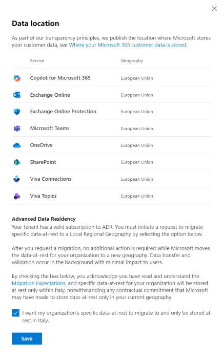 Screenshot of Data Location View Before Migration.