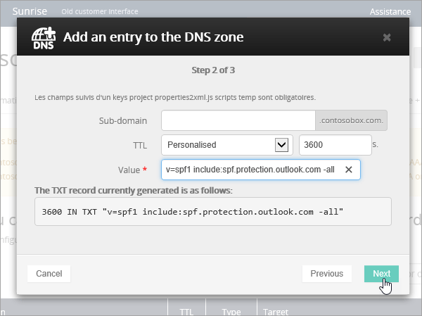 OVH Add TXT record for SPF and select Next.