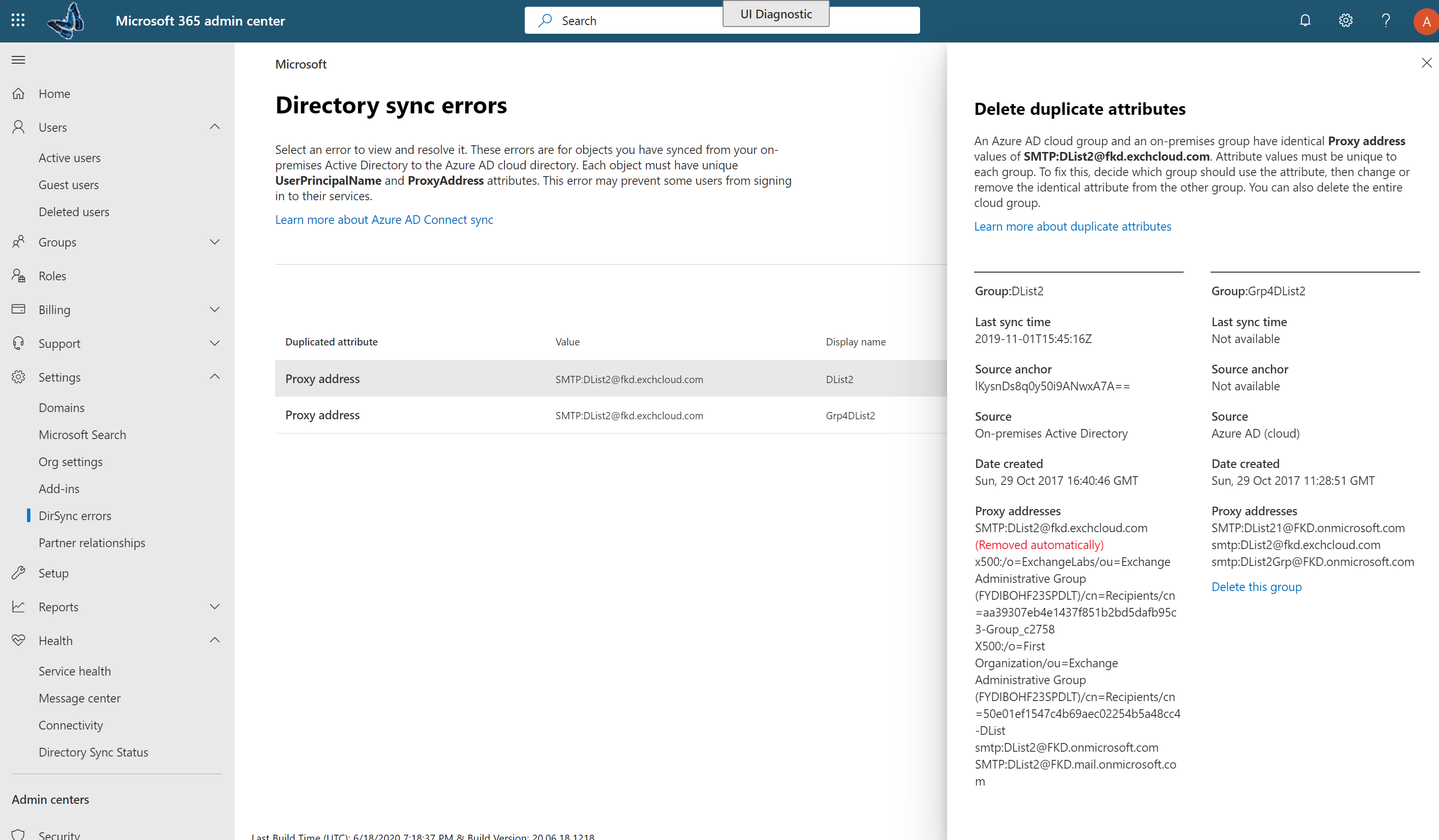 Example of the details of a directory sync error.