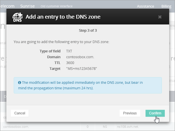 OVH confirm TXT for verification.