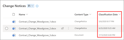 Screenshot of a document library showing the Classification Date column.