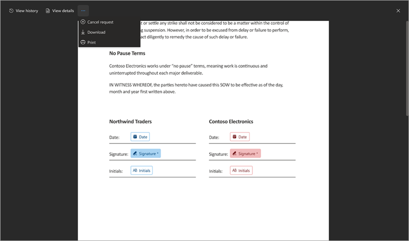 Screenshot of a document showing the Cancel signature request option.