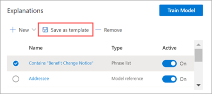 Screenshot of the Explanations section showing the Save as template option.