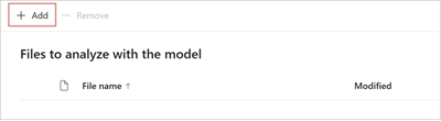 Screenshot of the Files to analyze the model page showing the Add button.