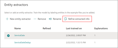 Screenshot of the Entity extractors section showing the Refine extracted info option highlighted.