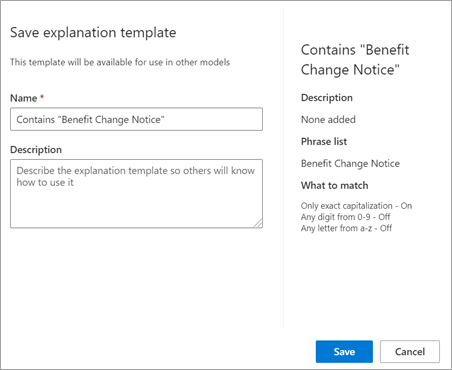 Screenshot of the Save explanation template page.