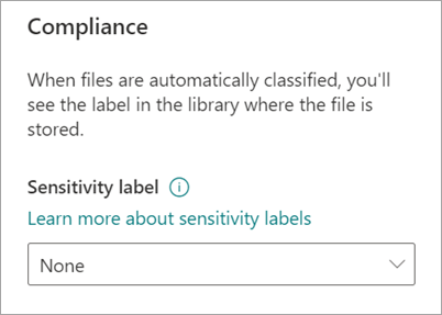 Screenshot of the Model settings pane showing the sensitivity label menu.