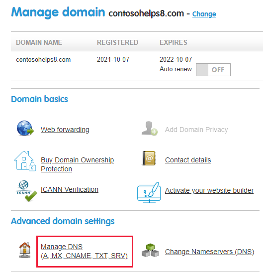 Select Manage DNS from the drop-down list.