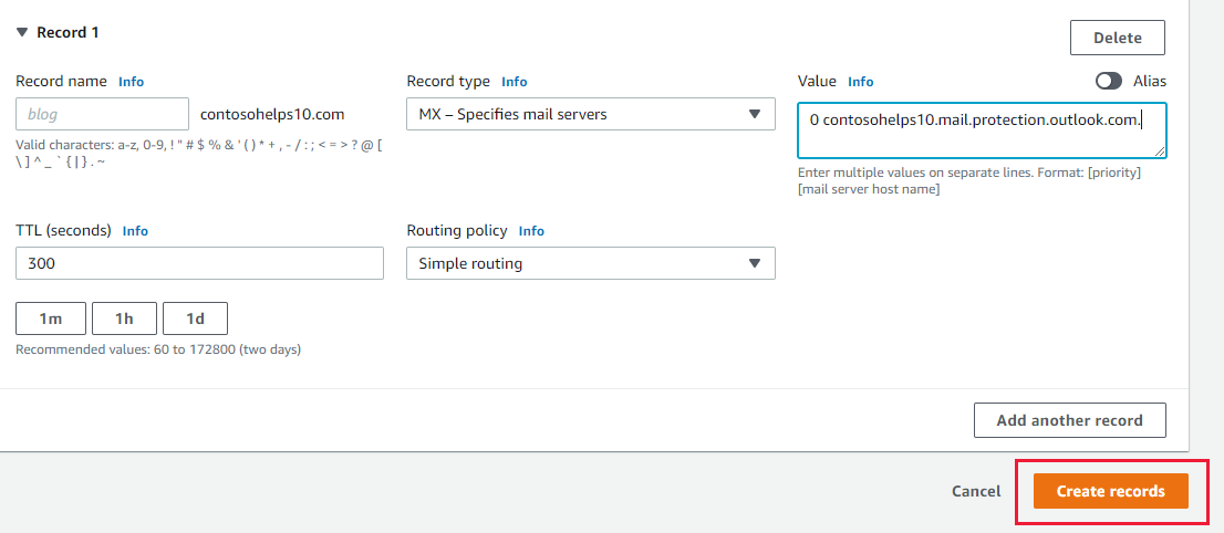 Screenshot of where you select Create records to add an MX record