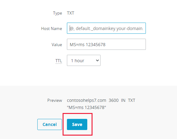 Screenshot of where you select Save to add a TXT verification record.