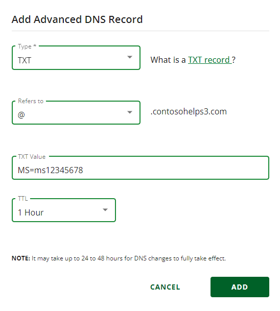 Screenshot of where you select Add to add a domain verification TXT record.