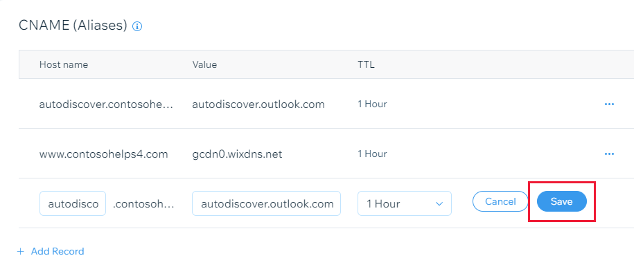 Screenshot of where you select Save to add a CNAME record.