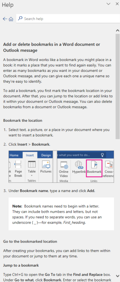Screenshot: Example Word desktop app help article