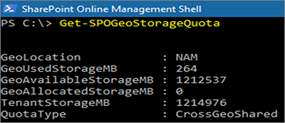 Screenshot of PowerShell window showing Get-SPOGeoStorageQuota cmdlet.