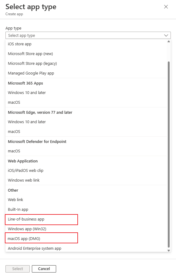 Intune app types