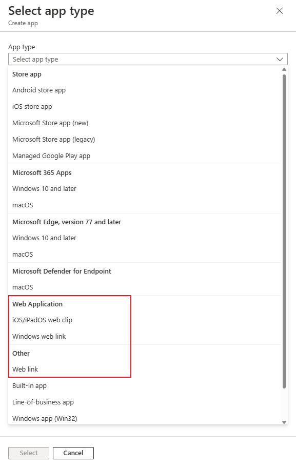 Intune web app types