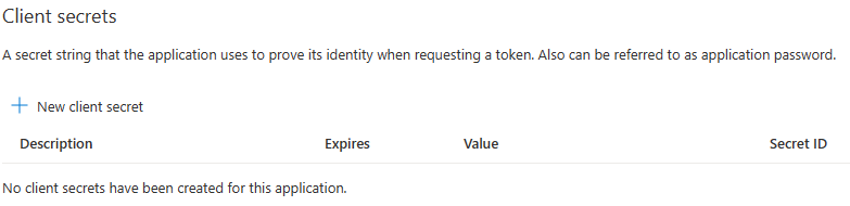 Screenshot of 'Client secrets' and the option to add a new client secret.