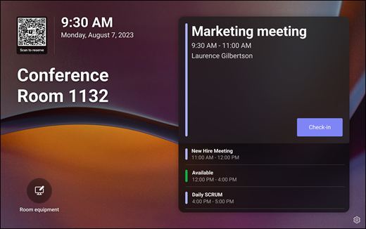 Screenshot that shows Teams Panels home screen. Information about the current meeting appears on the screen with a Check-in button.