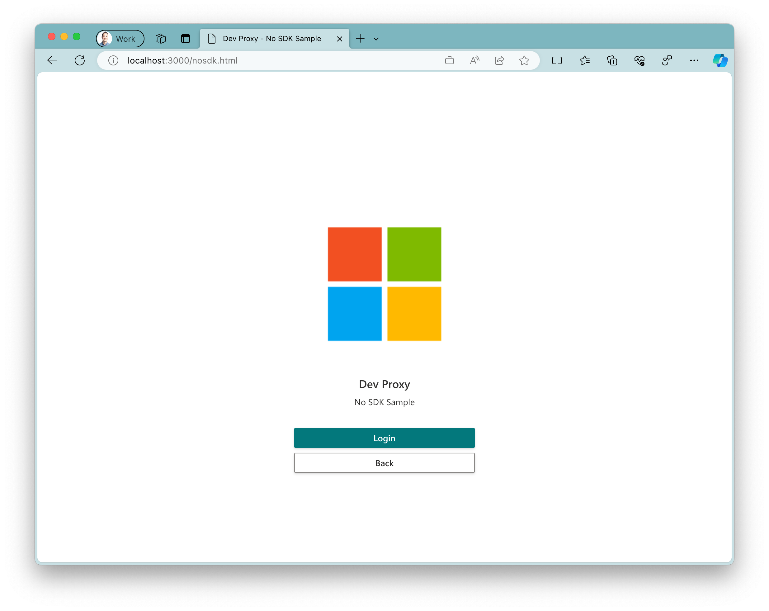 Screenshot of the sample app running in Microsoft Edge browser on Windows 11. The app shows a large Microsoft logo with two buttons below it. A primary button with the text 'Login' and a secondary button with the text 'Back'.