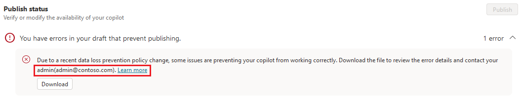 Screenshot of a DLP-related error message in Copilot Studio, with an email address and Learn more link highlighted.