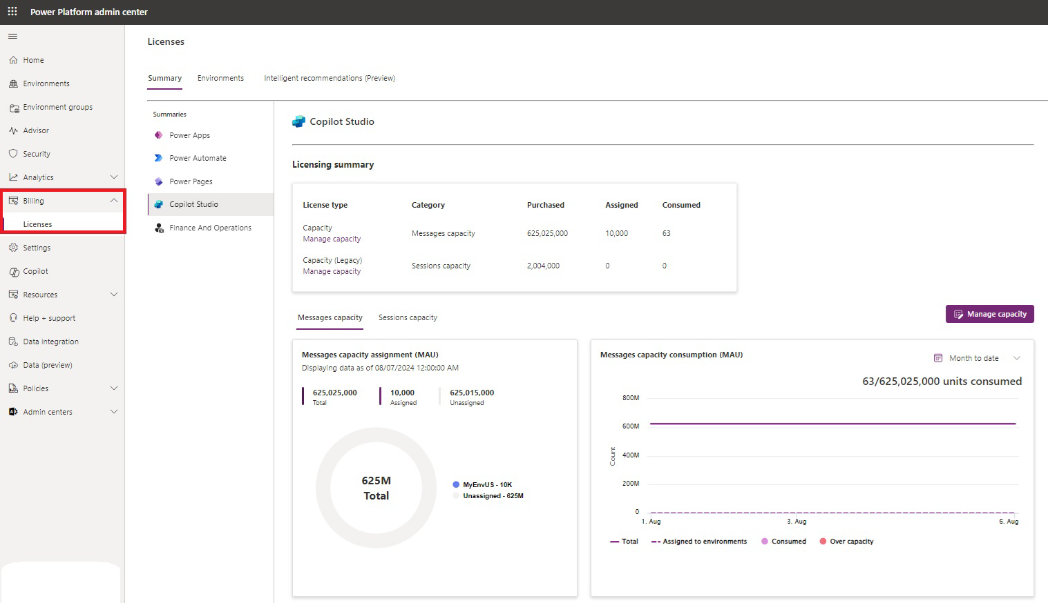 Billed sessions displayed in Power Platform Billing