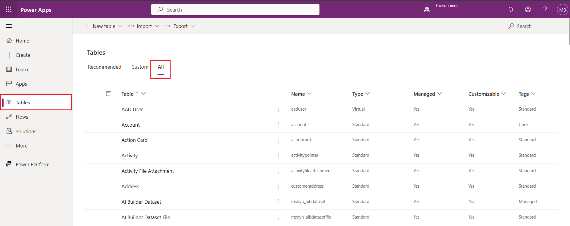 Select All on the Tables node.