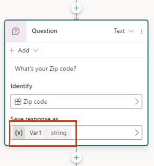 Screenshot of a Question node, with the name and type of the default variable highlighted.