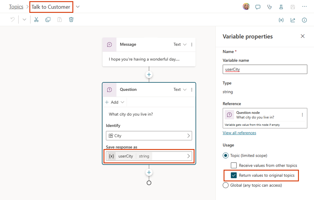 Screenshot of the Talk to Customer topic with the userCity variable and its properties highlighted.